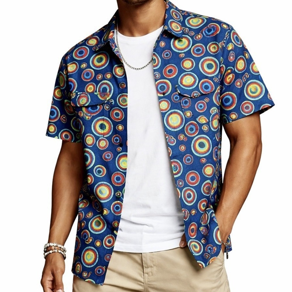 JOGAL Circle Print Shirt sz L Multicolor Psychedelic Retro Mod Casual Party